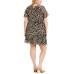  Womens Black Printed Short Sleeve Jewel Neck Short Shift Dress (Black/Gold, 2X)