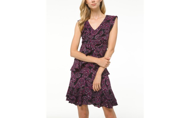  Women's Multi Pop Paisley Print Lux Matte Jersey Cascade Ruffle Trim Dress, Dark Pink, Large
