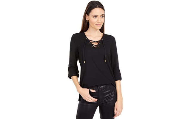 MICHAEL  Petite Waffle Lace-Up Tunic, Black, Medium