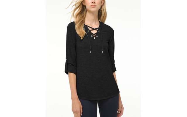 MICHAEL  Petite Waffle Lace-Up Tunic, Black, Small
