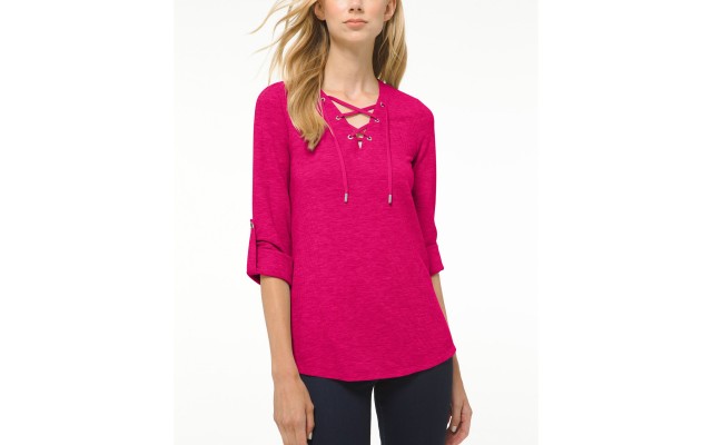 MICHAEL  Petite Waffle Lace-Up Tunic, Pink, X-Small