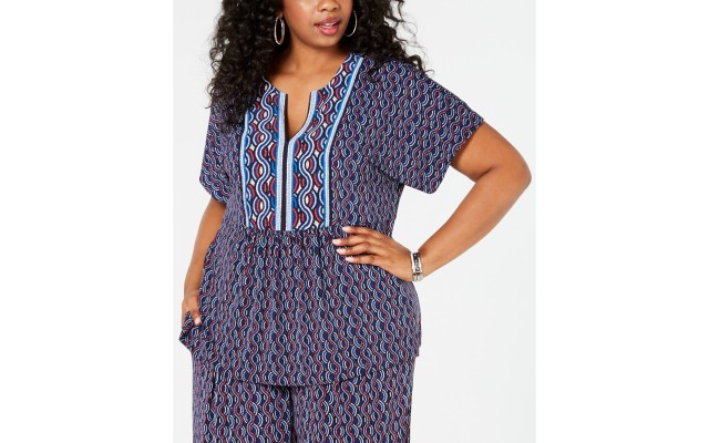  Plus Size Wave Mosaic Border Top Multi Color 3X