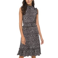 MICHAEL Michael Kors Women’s Animal-Print Smocked Ruffled-Hem Dress (Gunmetal, Medium)