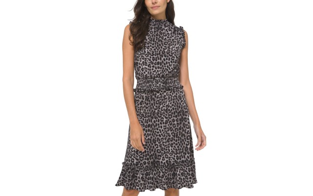  Women’s Animal-Print Smocked Ruffled-Hem Dress (Gunmetal, Medium)