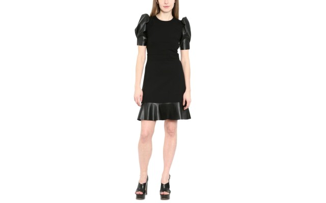  Women’s Leather-Trim Puff-Sleeve Dress (Black, Large)