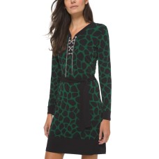 MICHAEL Michael Kors Women’s Petite Printed Contrast-Trim Dress (Green, X-Large)