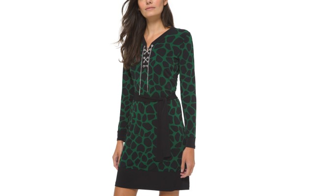  Women’s Petite Printed Contrast-Trim Dress (Green, X-Large)