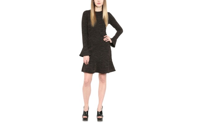  Women’s Printed Flounce-Trim Dress (Brown, Large)