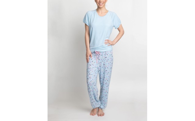  T-Shirt & Printed Pants Pajama Set (Blue), Blue, X-Large