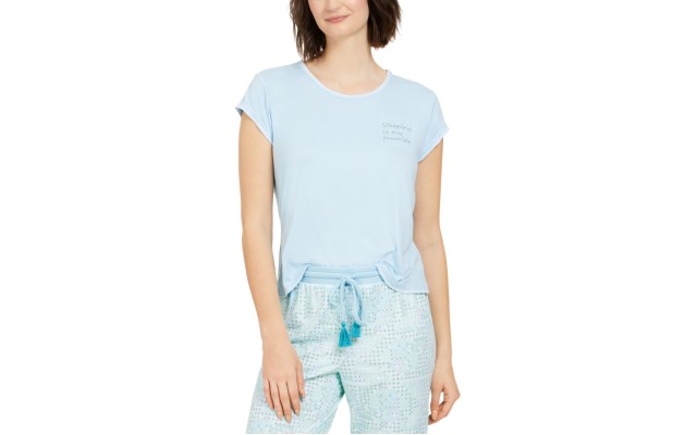  Women's Contrast Stitch Short Sleeves Pajama Top, Blue, Large