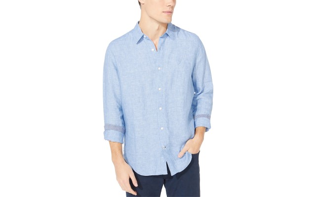  Men’s Classic-Fit Solid Linen Shirt, Blue, 2XL