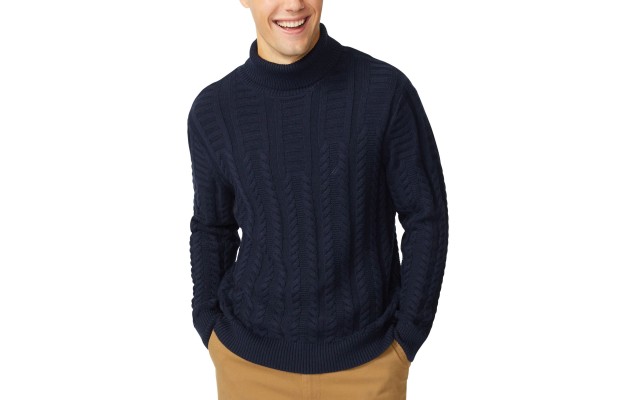  Men's Textured Cable Turtleneck Sweater (Navy, L)