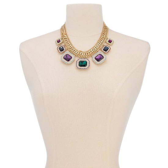 New Gold-Tone Pave & Stone Multi-Chain Statement Necklace