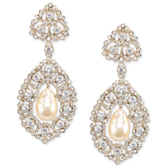  Gold-Tone Cubic Zirconia & Imitation Pearl Drop Earrings