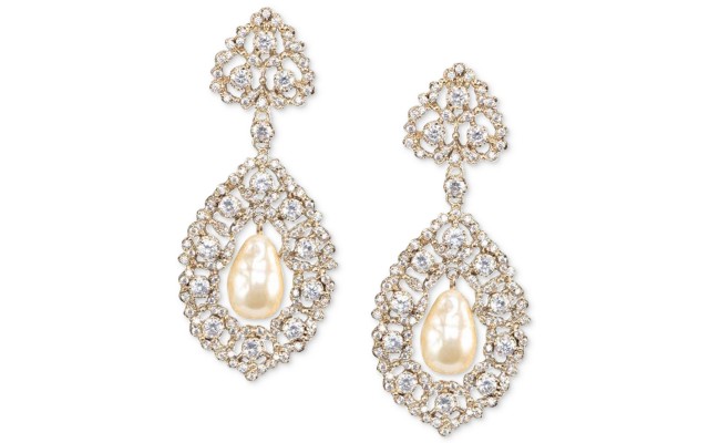  Gold-Tone Cubic Zirconia & Imitation Pearl Drop Earrings