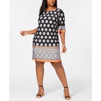 Ny Collection Plus & Petite Border-Print Bell-Sleeve Dress (Navy-3XP)