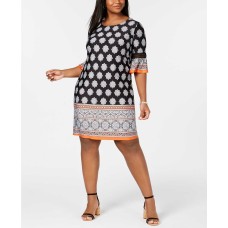 Ny Collection Plus & Petite Border-Print Bell-Sleeve Dress (Navy-3XP)