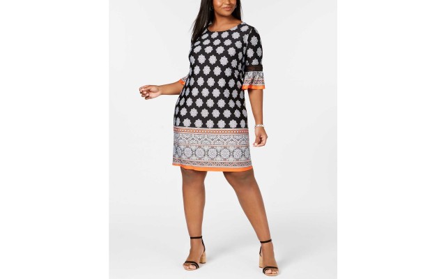  Plus & Petite Border-Print Bell-Sleeve Dress (Navy-3XP)