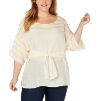 NY Collection Womens Mixed Stripe Tie Waist Blouse 1X – Yellow