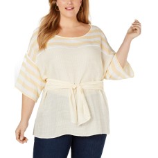 NY Collection Womens Mixed Stripe Tie Waist Blouse 1X – Yellow