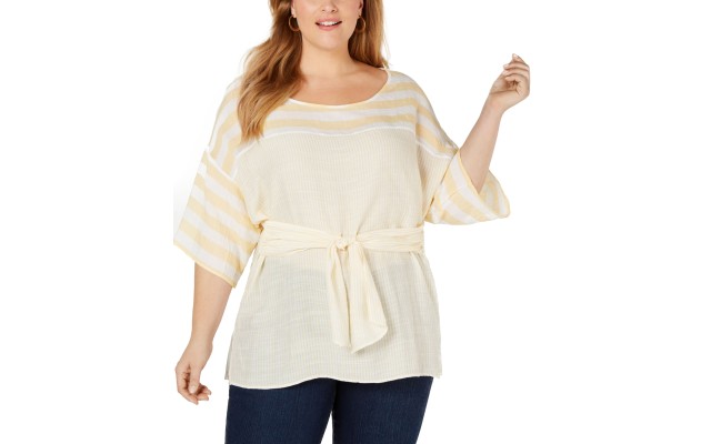  Womens Mixed Stripe Tie Waist Blouse 1X – Yellow