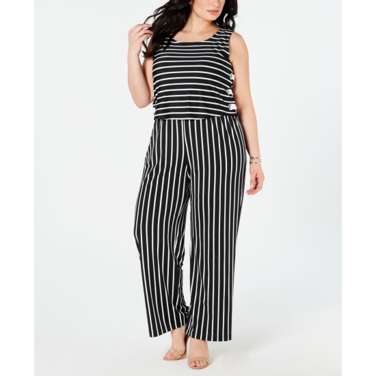  Women’s Plus Size Black/White Striped Side Lace Up Jumpsuit, Black, 2X