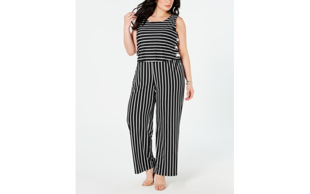  Women’s Plus Size Black/White Striped Side Lace Up Jumpsuit, Black, 2XP
