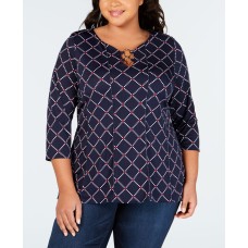 Ny Collection Womens  Ring Hardware Pullover Blouse  (Navy, 2X)