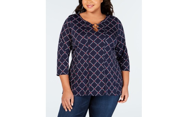  Womens  Ring Hardware Pullover Blouse  (Navy, 2X)