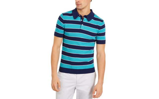  Men’s Slim-Fit Wide Stripe Polo Shirt, Blue, XL