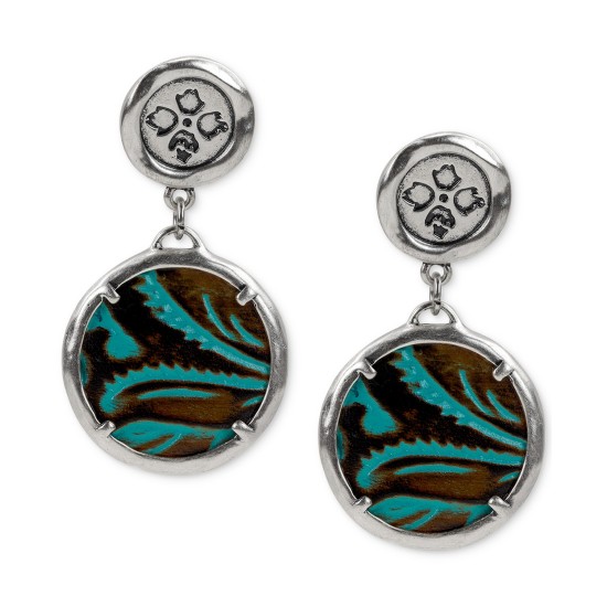  Silver-Tone Turquoise Leather Drop Earrings