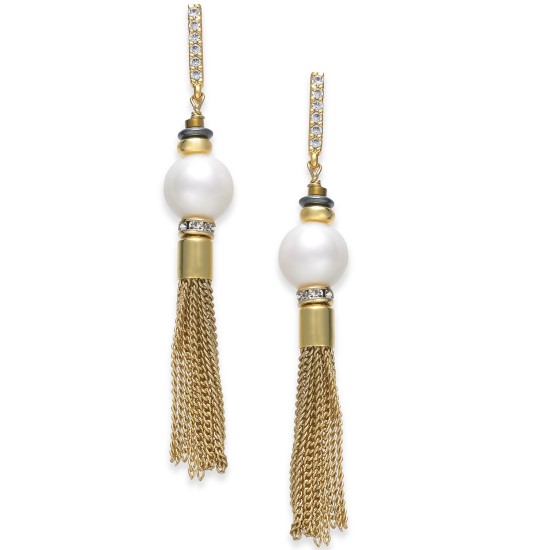 Paul & Pitü Naturally Two-Tone Pavé & Imitation Pearl Chain Drop Earrings (Gold)
