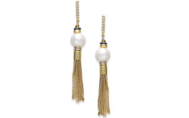 Paul & Pitü Naturally Two-Tone Pavé & Imitation Pearl Chain Drop Earrings (Gold)