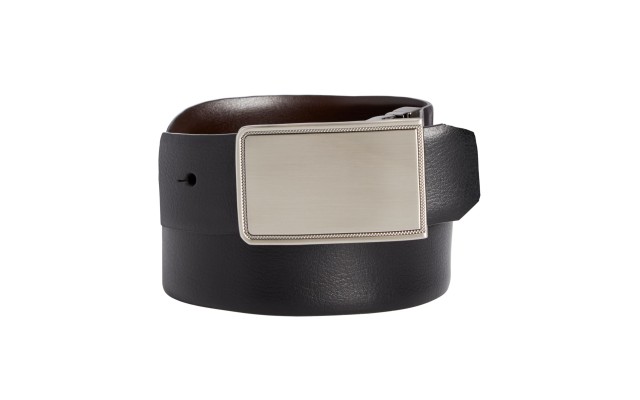  Mens Leather Reversible Plaque Buckle Dress Belts, Black, 30 R