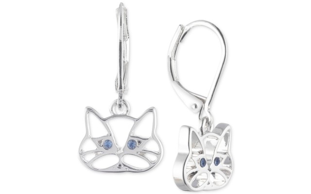  Silver-Tone Blue Crystal Cat Drop Earrings
