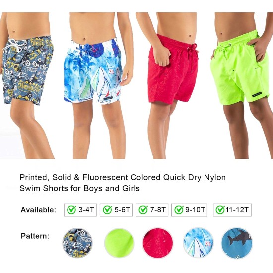 Printed, Solid & Fluorescent Colored Quick Dry Swim Shorts for Boys and Girls, Swim Trunks, Bathing Suits, Swimwear, Swim Shorts for Kids, Fluorescent Green, 11-12T