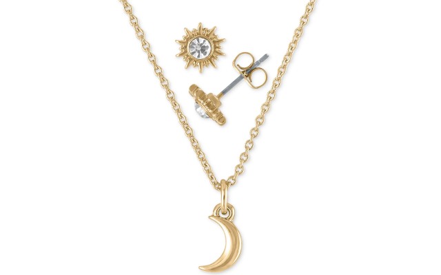  Gold-Tone Crystal Sun Stud Earrings & Moon Pendant Necklace Gift Set