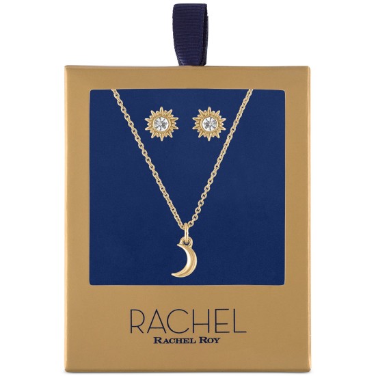  Gold-Tone Crystal Sun Stud Earrings & Moon Pendant Necklace Gift Set