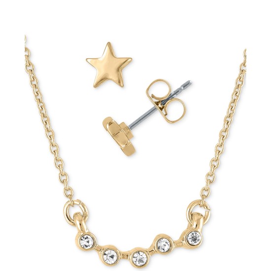  Gold-Tone Star Stud Earrings & Crystal Pendant Necklace Gift Set