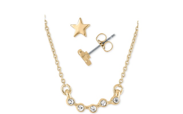  Gold-Tone Star Stud Earrings & Crystal Pendant Necklace Gift Set