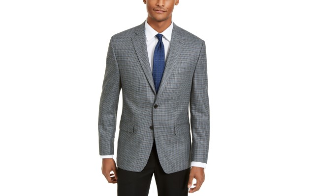  Men’s Classic-Fit Ultraflex Stretch Houndstooth Check Silk & Wool Sport Coat, Gray/Blue, 36R