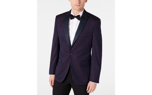  Distinction Men’s Modern-Fit Burgundy Paisley Jacquard Dinner Jacket (Dark Red, 40 R)