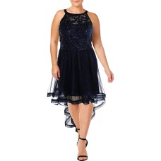 Say Yes to the Prom Trendy Plus Size Embellished High-Low Dress (Navy, 22)