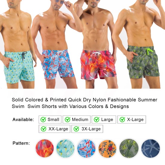 Solid Colored & Printed Quick Dry Summer Swim Trunks for Men, Swimwear, Bathing Suits, Swim Shorts with Various Colors & Designs, Blue, Medium