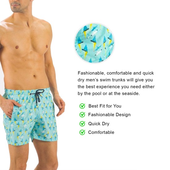 Solid Colored & Printed Quick Dry Summer Swim Trunks for Men, Swimwear, Bathing Suits, Swim Shorts with Various Colors & Designs, Aqua Birds, Small