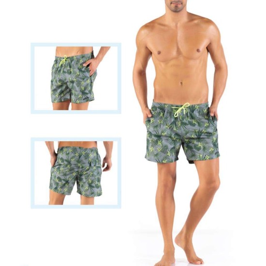 Solid Colored & Printed Quick Dry Summer Swim Trunks for Men, Swimwear, Bathing Suits, Swim Shorts with Various Colors & Designs, Leaves Green, Large