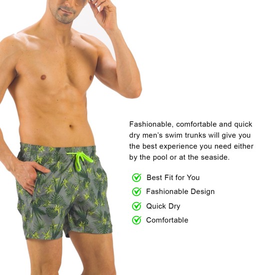 Solid Colored & Printed Quick Dry Summer Swim Trunks for Men, Swimwear, Bathing Suits, Swim Shorts with Various Colors & Designs, Leaves Green, XX-Large