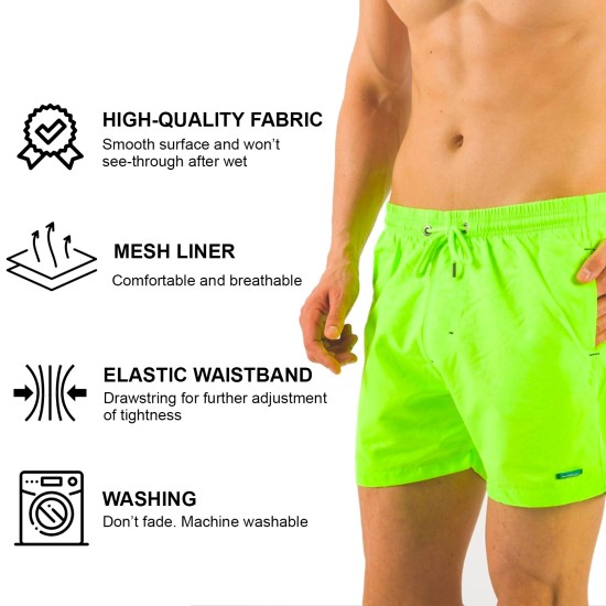 Solid Colored & Printed Quick Dry Summer Swim Trunks for Men, Swimwear, Bathing Suits, Swim Shorts with Various Colors & Designs, Green, Medium