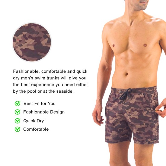 Solid Colored & Printed Quick Dry Summer Swim Trunks for Men, Swimwear, Bathing Suits, Swim Shorts with Various Colors & Designs, Camouflage, Medium