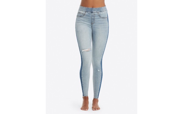  Distressed Skinny Jeans with Side Stripe (Blue, Large)
